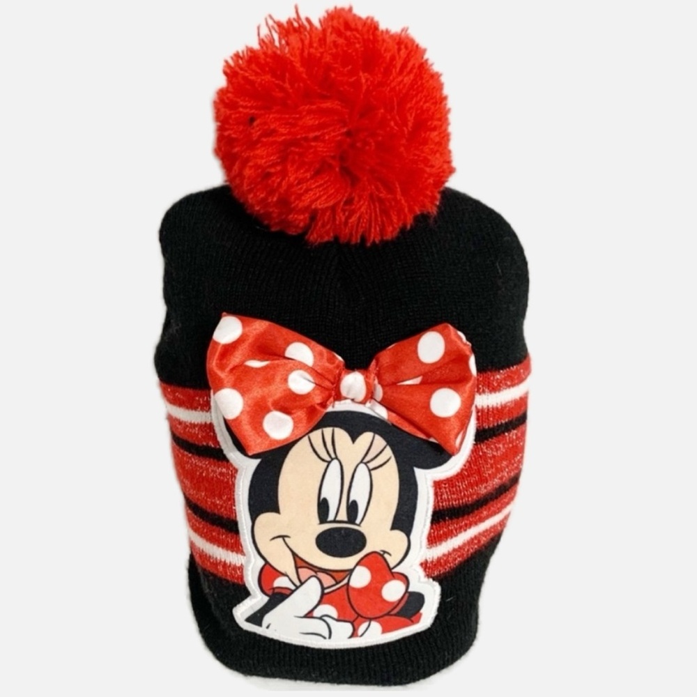 Disney Girl’s Minnie Mouse Patch Striped Beanie Pom Pom Knit Winter Hat ❤️🖤🤍